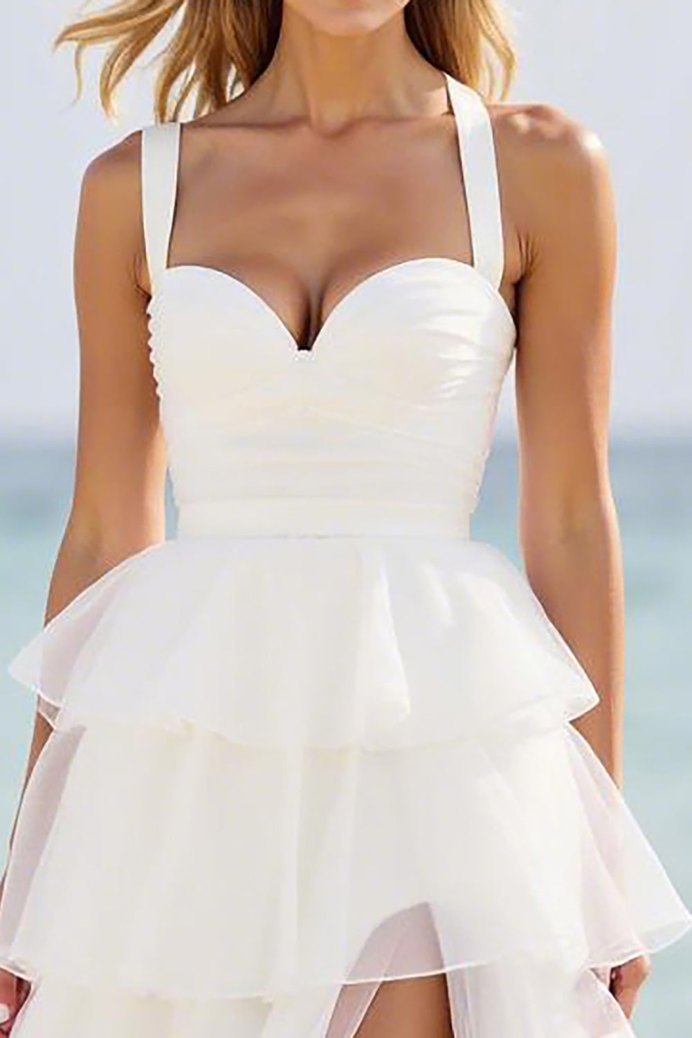 Hvid A Line Lagdelt Organza Gallakjole