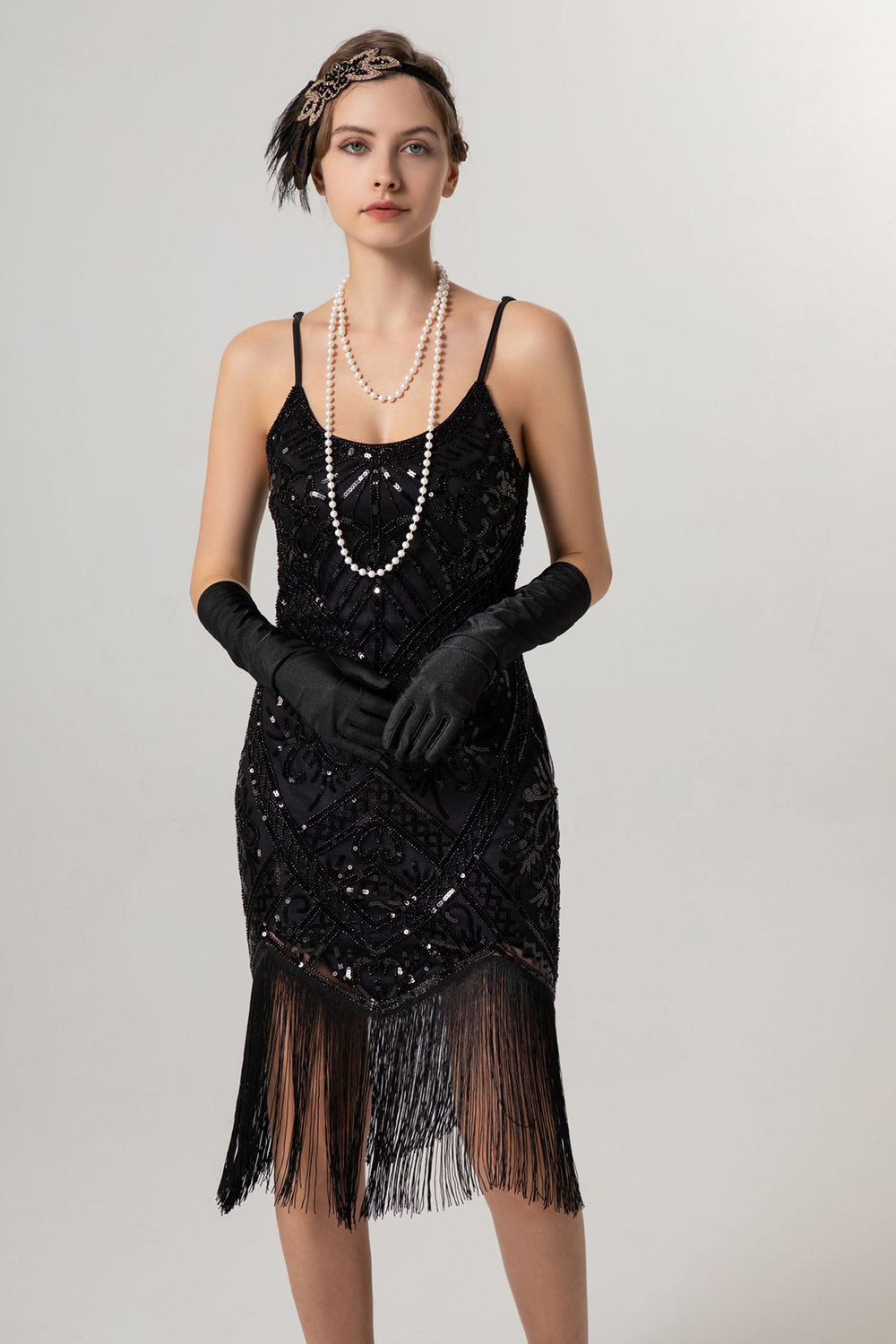Sort gylden kappe pailletter 1920'erne flapper kjole med kvaster