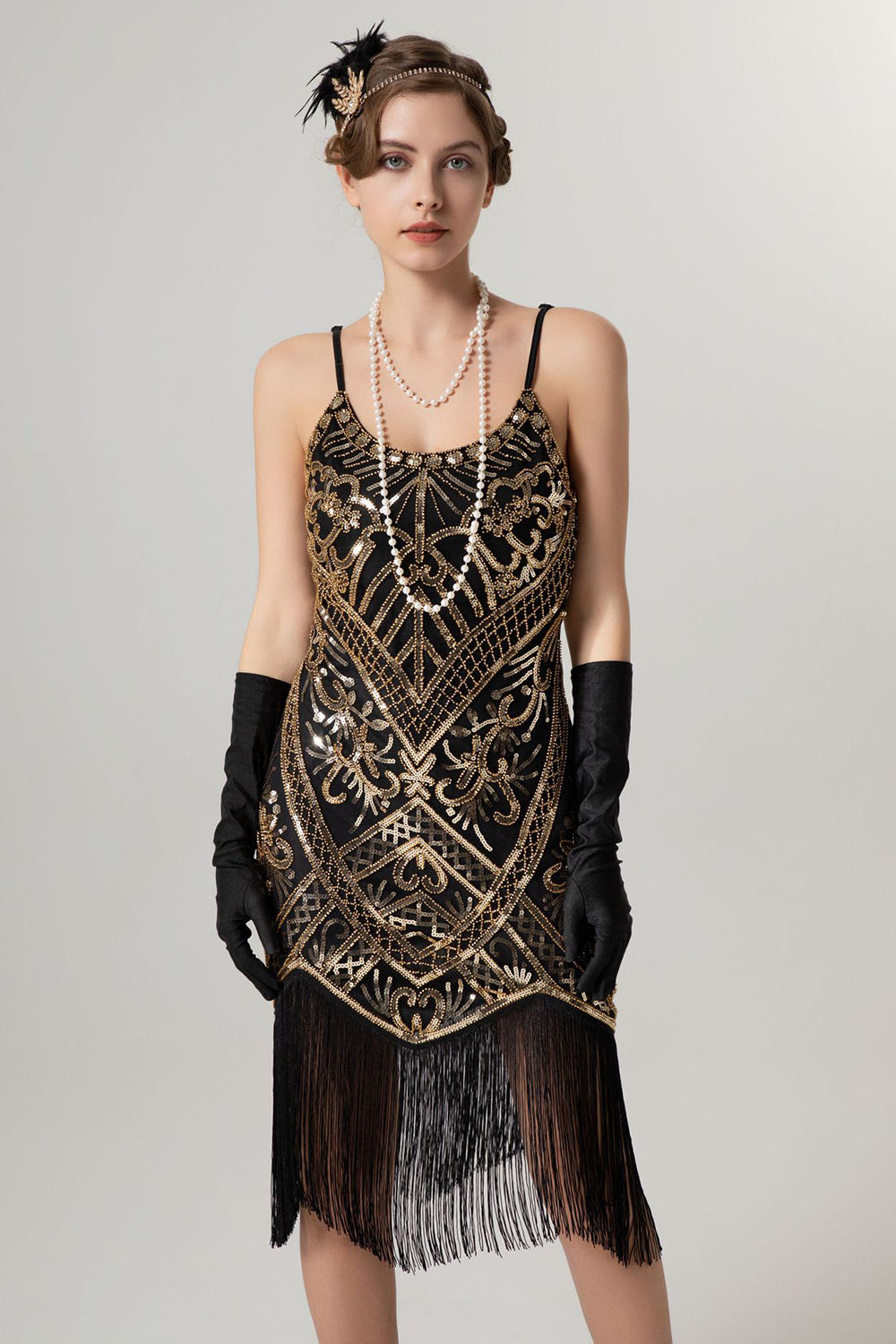 Sort gylden kappe pailletter 1920'erne flapper kjole med kvaster