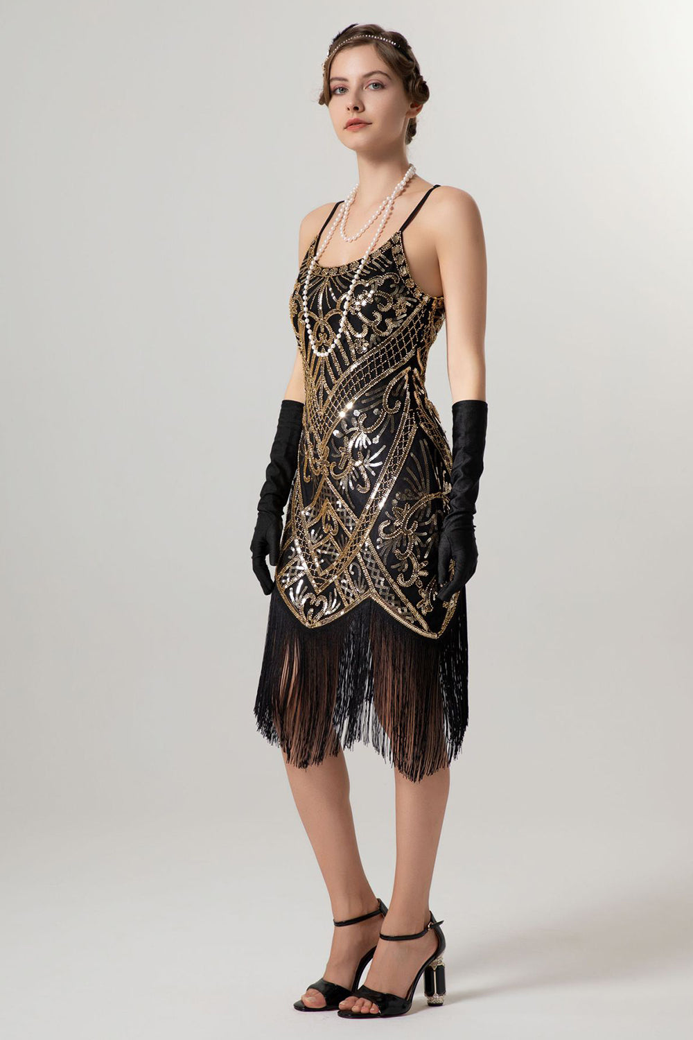 Sort gylden kappe pailletter 1920'erne flapper kjole med kvaster