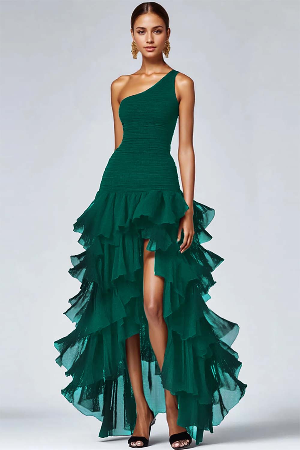 En skulder flæsede A Line Sort formel kjole med slids