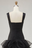 Sort Organza A-linje høj-lav formel kjole med flæseslids