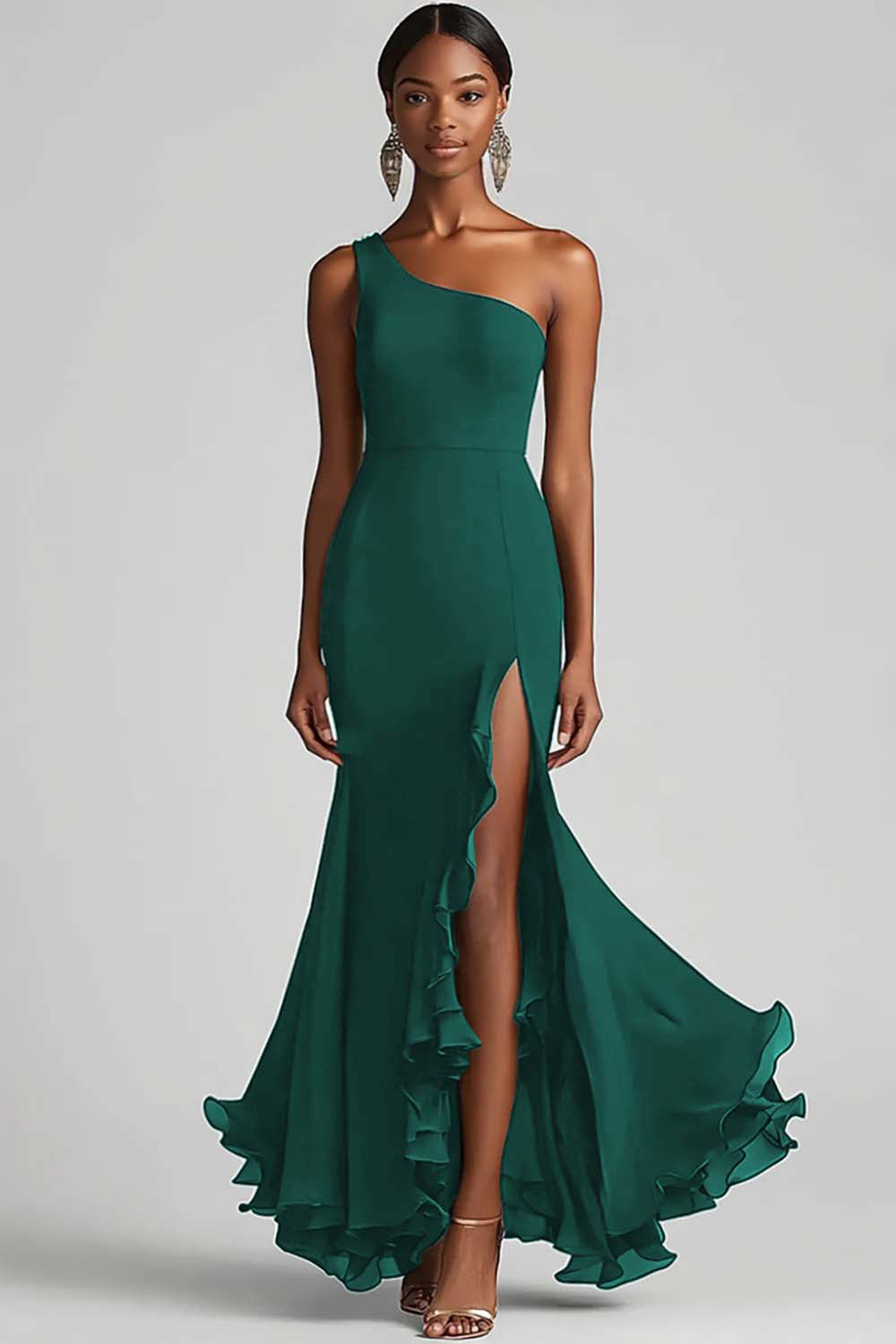 Sort Chiffon One Shoulder Havfrue Formel Kjole med Slids