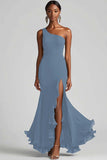 Sort Chiffon One Shoulder Havfrue Formel Kjole med Slids