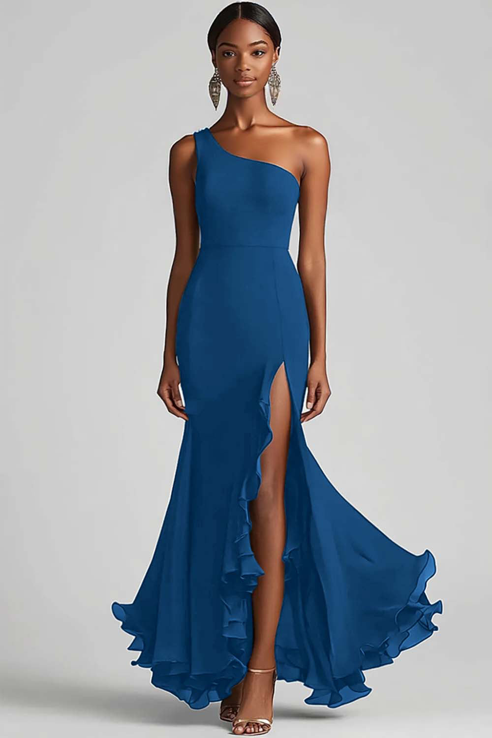 Sort Chiffon One Shoulder Havfrue Formel Kjole med Slids