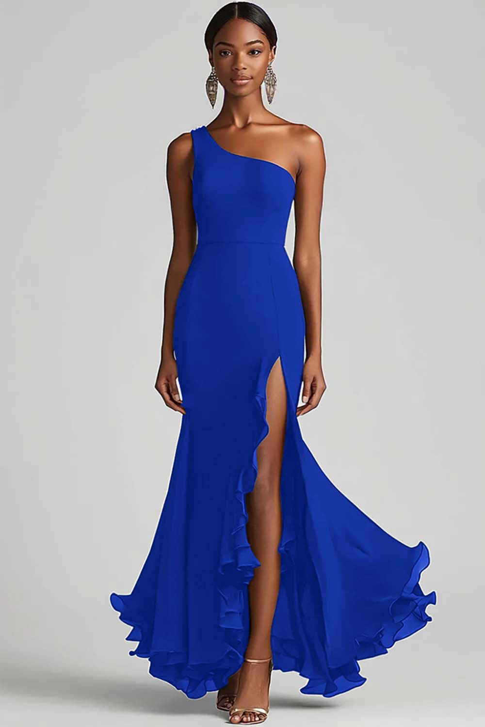 Sort Chiffon One Shoulder Havfrue Formel Kjole med Slids