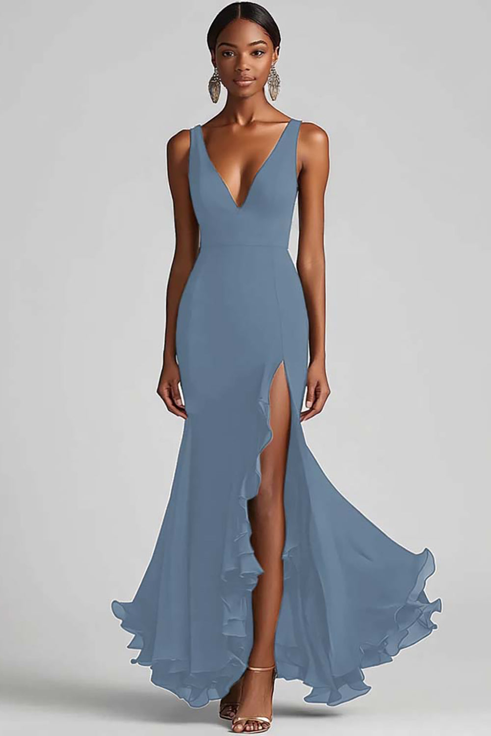 Sort V-hals flæsede havfrue formel kjole med slids