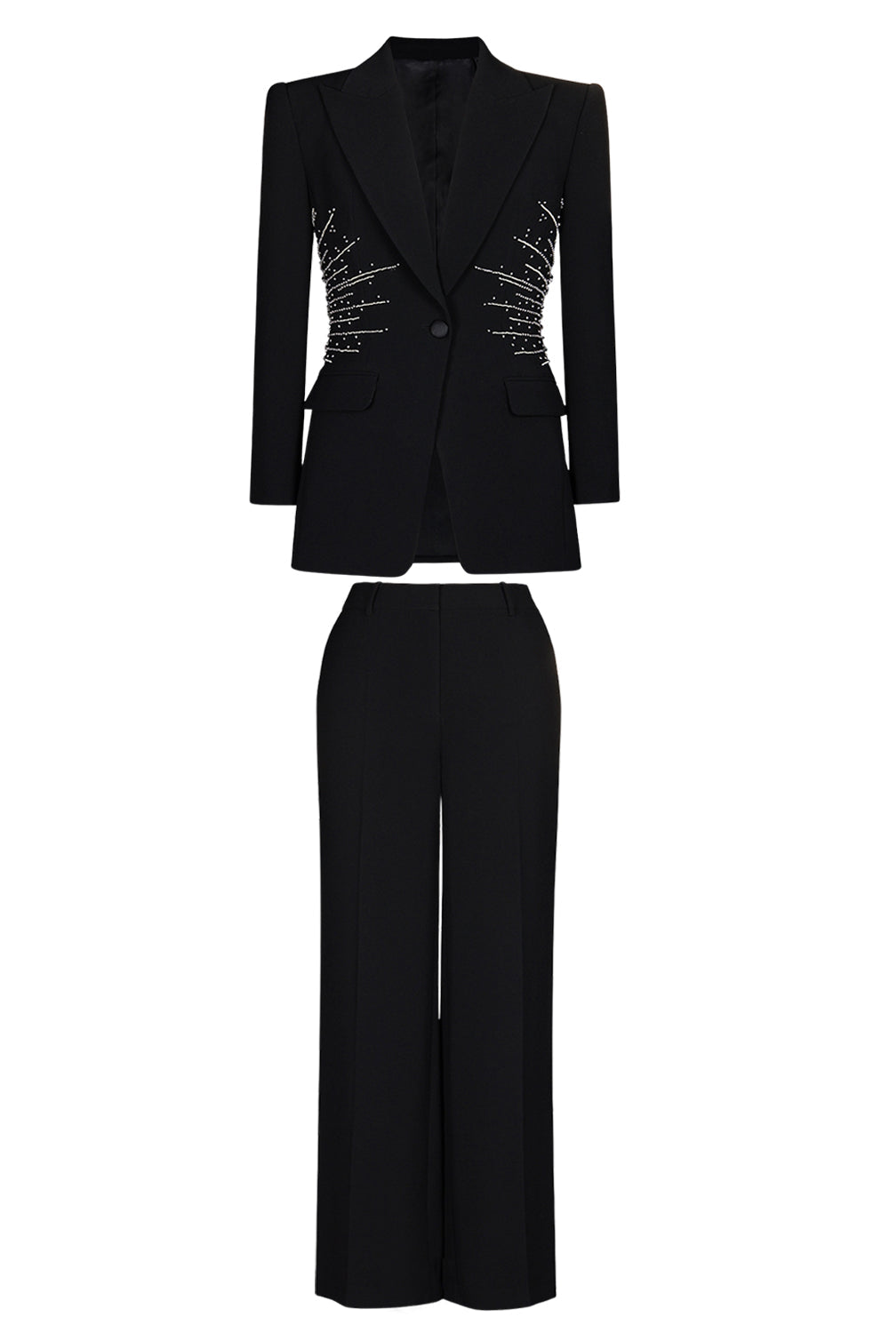 Glitrende sort 2-delt Peak revers Kvinder Prom Suits med Perlearbejde