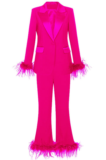Fuchsia 2 Piece Peak revers Kvinder Galladragter med Fjer
