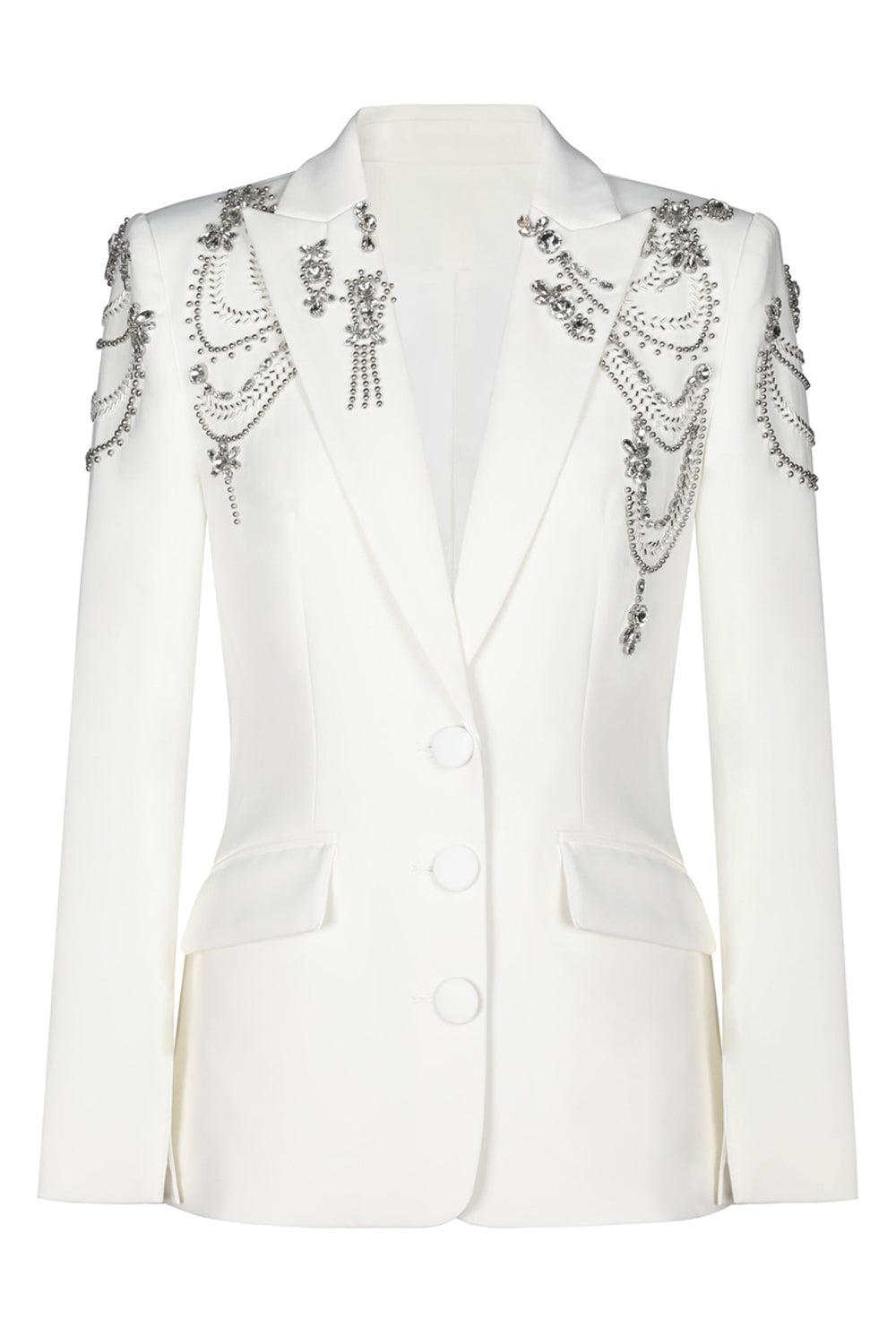 Glitrende sort Peak revers enkeltradet kvinder bal blazer med rhinsten