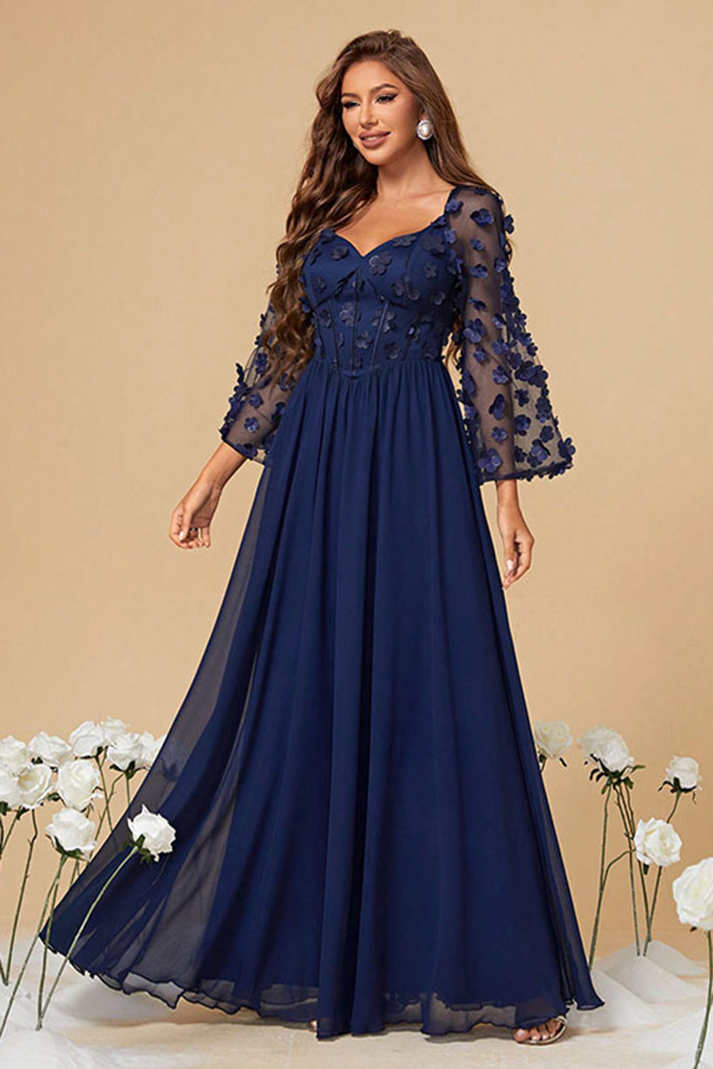 Navy Chiffon Blomstret Korset Lang Mor Kjole