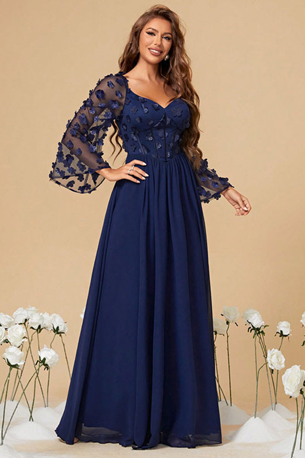 Navy Chiffon Blomstret Korset Lang Mor Kjole