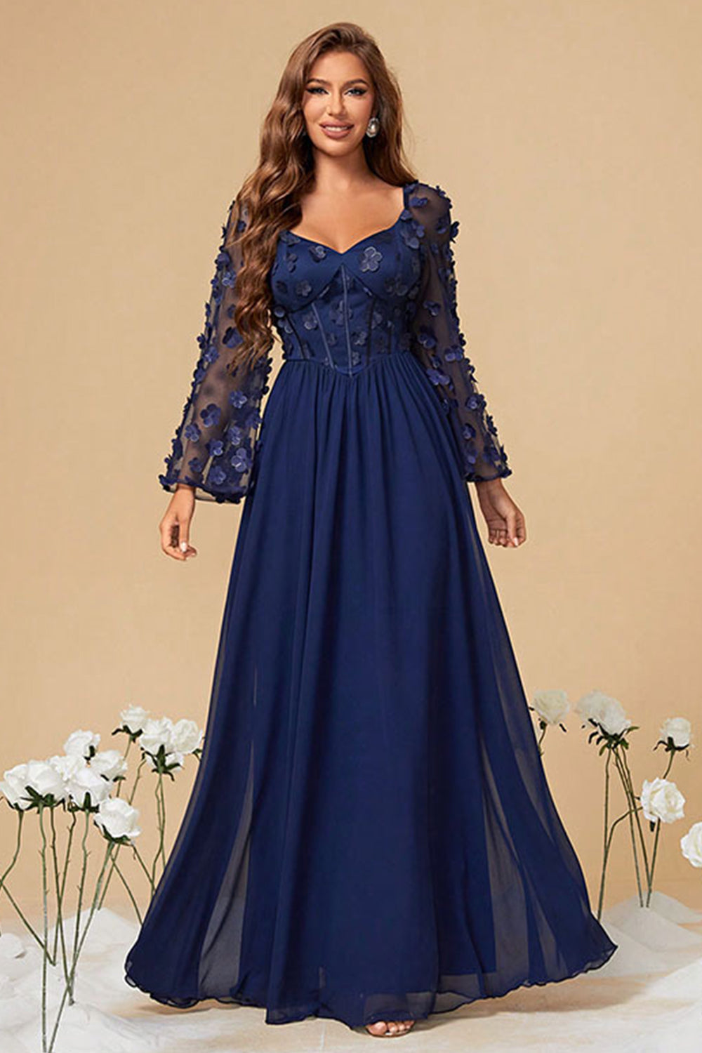 Navy Chiffon Blomstret Korset Lang Mor Kjole