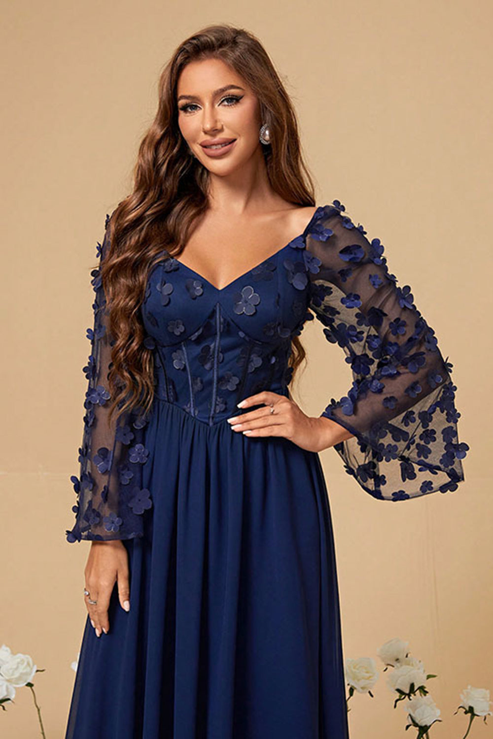 Navy Chiffon Blomstret Korset Lang Mor Kjole
