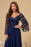 Navy Chiffon Blomstret Korset Lang Mor Kjole