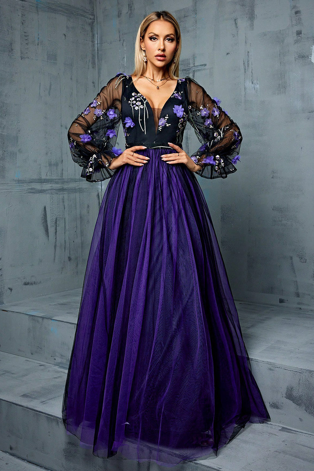 Blomster Navy En linje Lang Tyl Mor Kjole