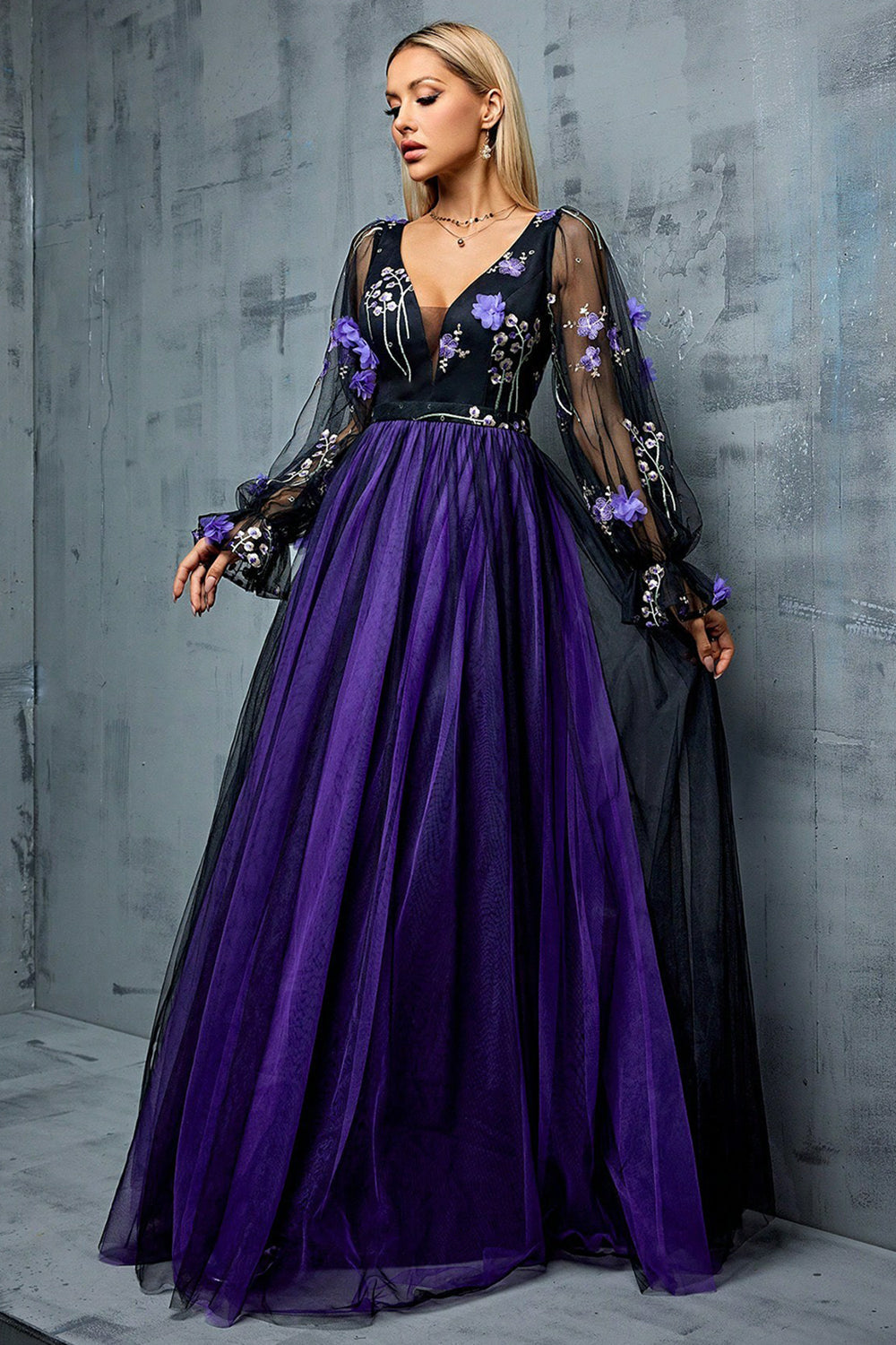 Blomster Navy En linje Lang Tyl Mor Kjole