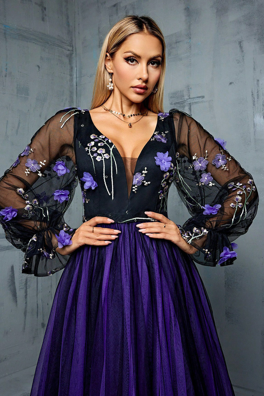 Blomster Navy En linje Lang Tyl Mor Kjole