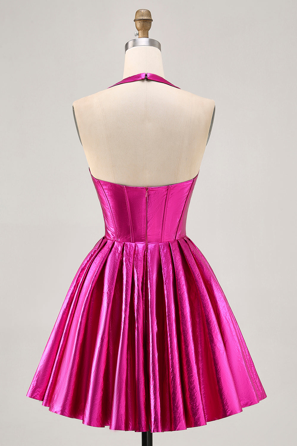Metallisk Fuchsia Halter plisseret Homecoming kjole