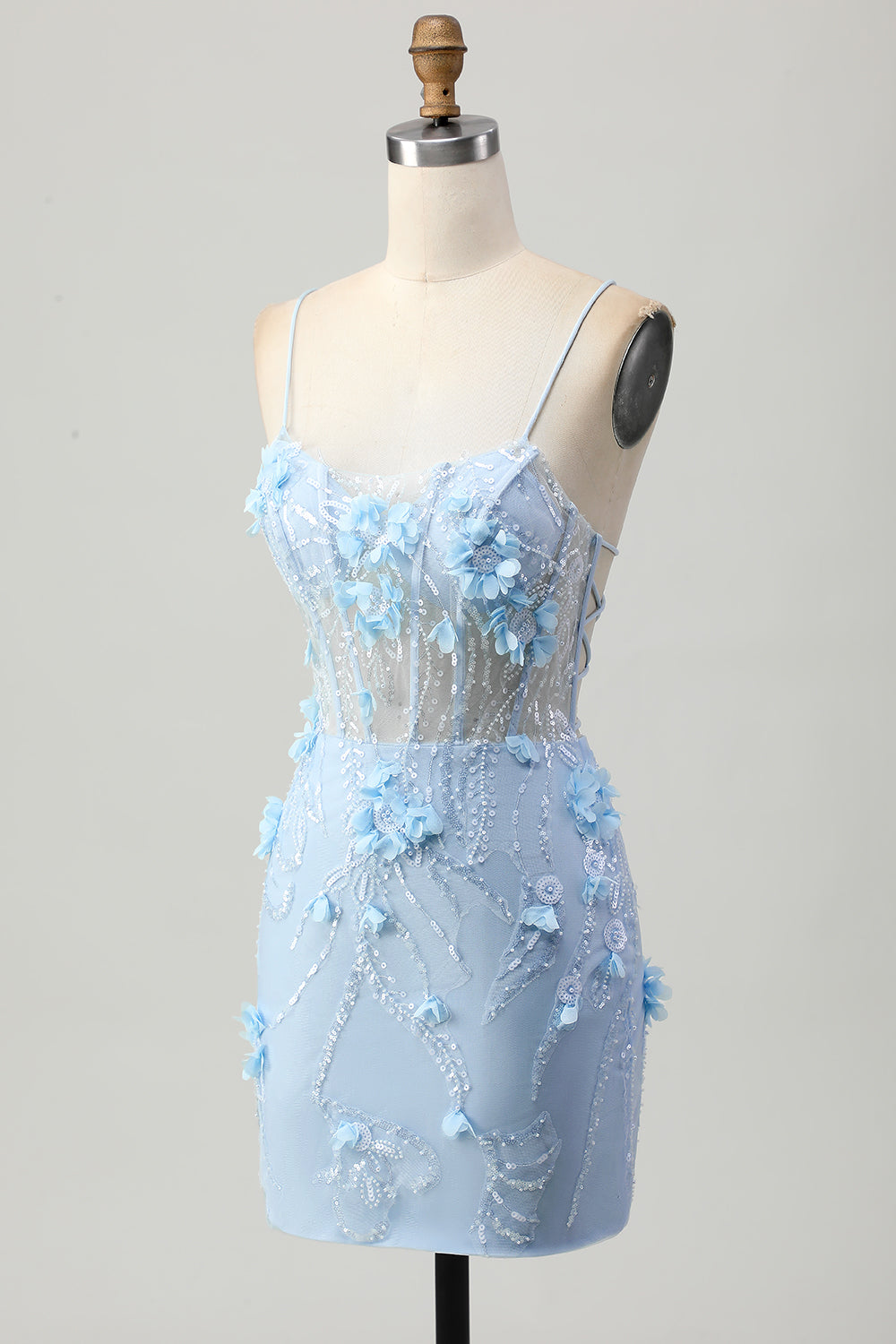 Blå Bodycon Korset Pailletter Kort Homecoming Kjole med 3D Blomster