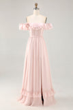 Off The Shoulder Blush Ruffled A Line brudepige kjole med slids