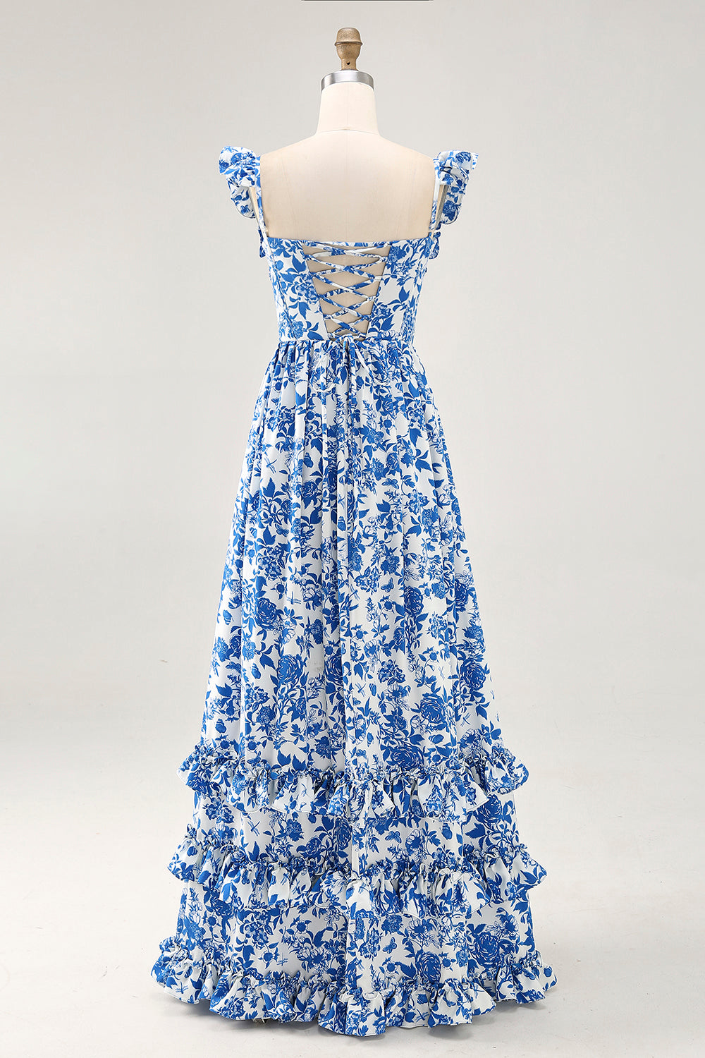Off The Shoulder Ruffled Trykt Blå Brudegæst Kjole med Slids