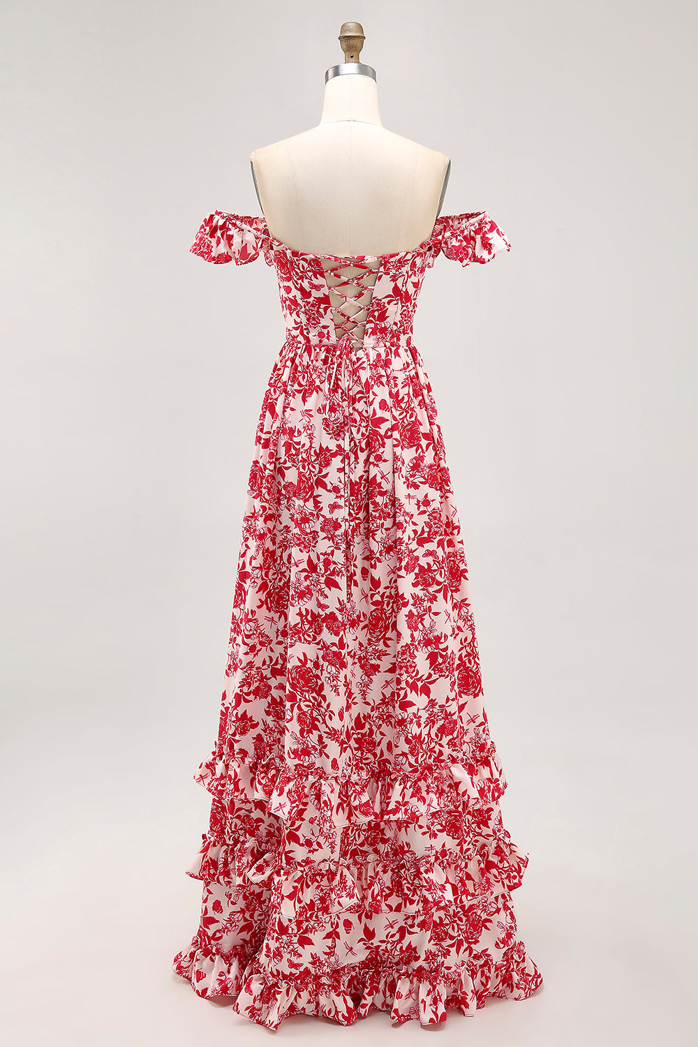 Off The Shoulder Ruffled Trykt Blå Brudegæst Kjole med Slids