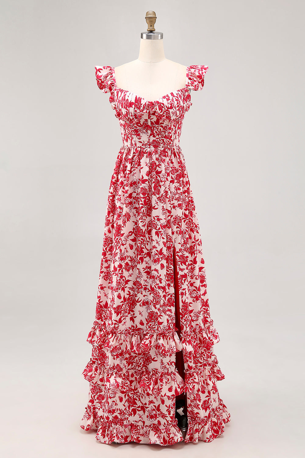 Off The Shoulder Ruffled Trykt Blå Brudegæst Kjole med Slids