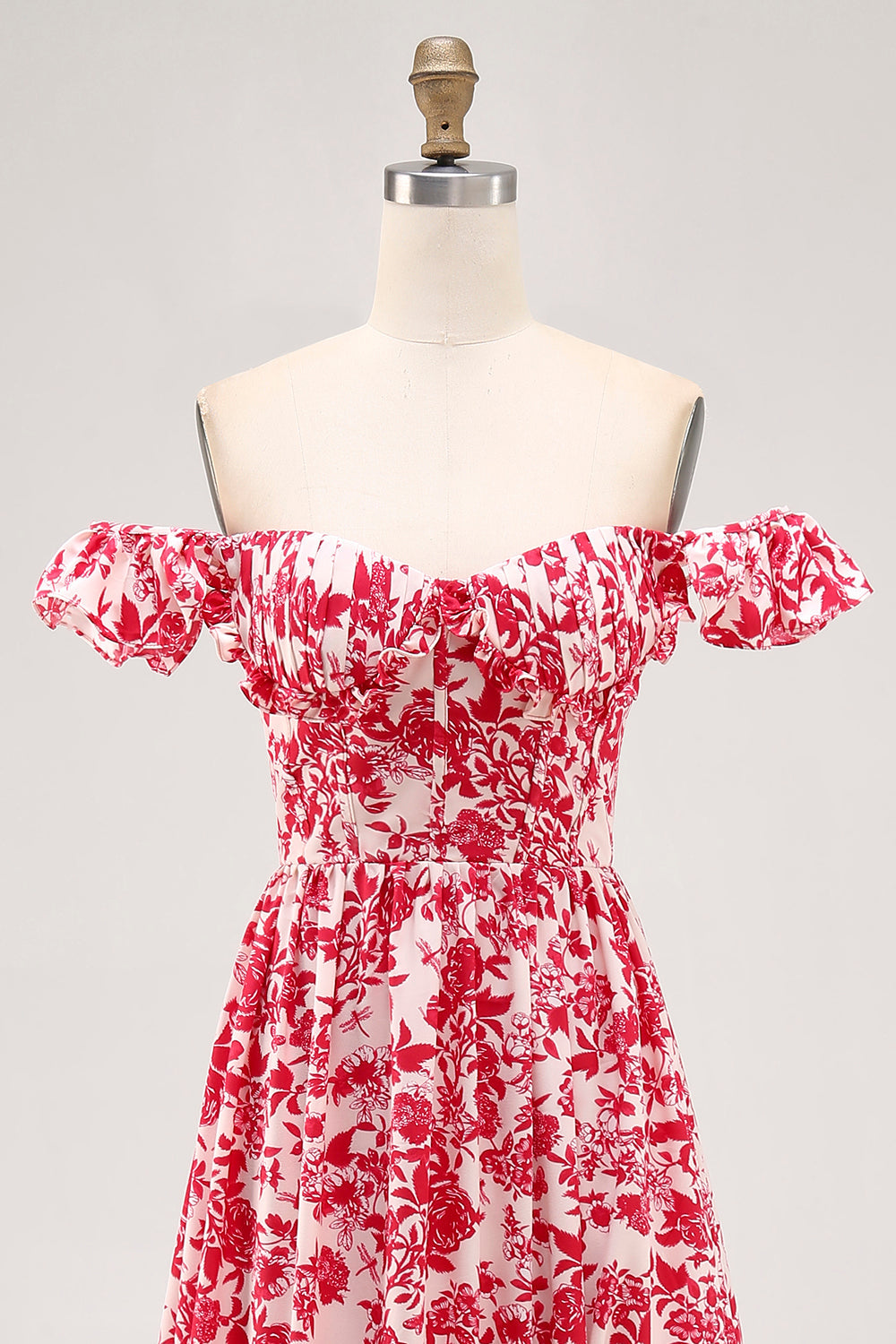 Off The Shoulder Ruffled Trykt Blå Brudegæst Kjole med Slids