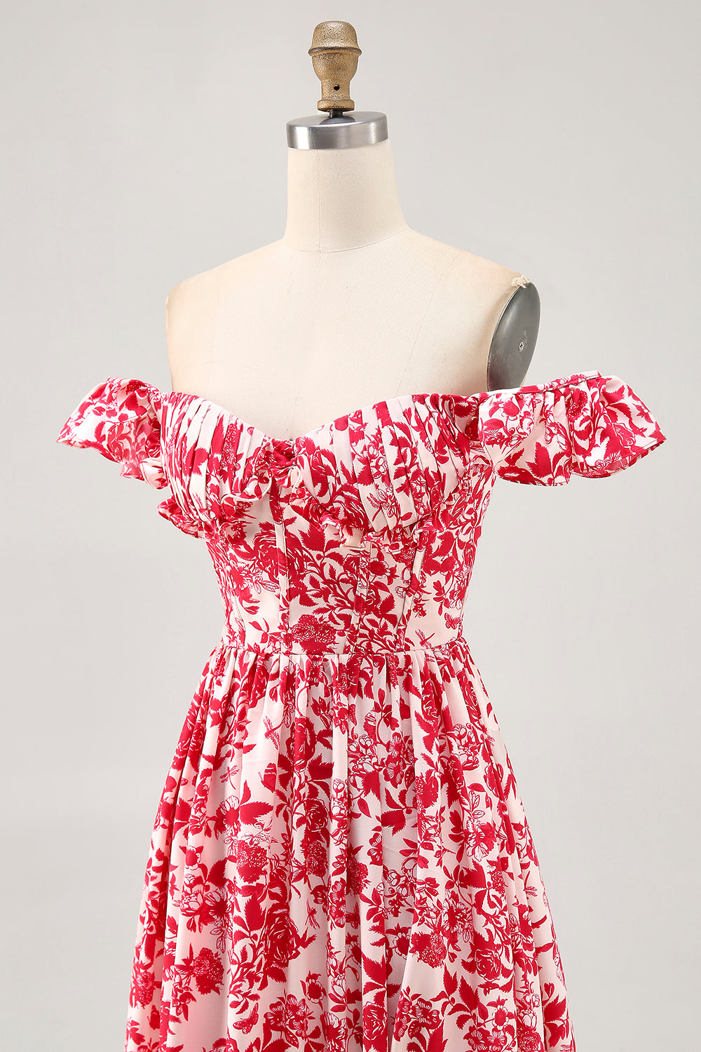 Off The Shoulder Ruffled Trykt Blå Brudegæst Kjole med Slids