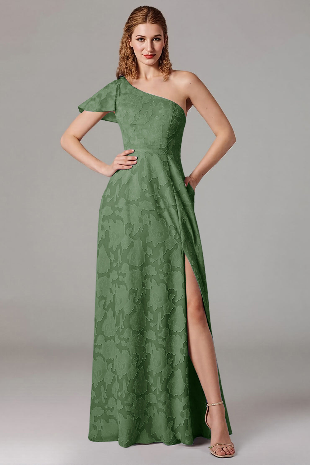 Støvet blå A-linje En skulder brudepige kjole med slids