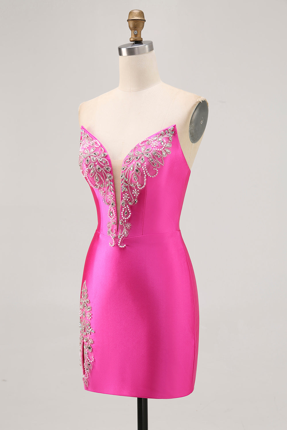 Fuchsia Stropløs Beaded Bodycon Homecoming Kjole med Slids