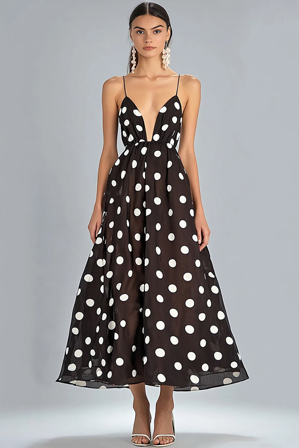 Kaffe A-linje Spaghetti Stropper Hvid Polka Dots Kjole