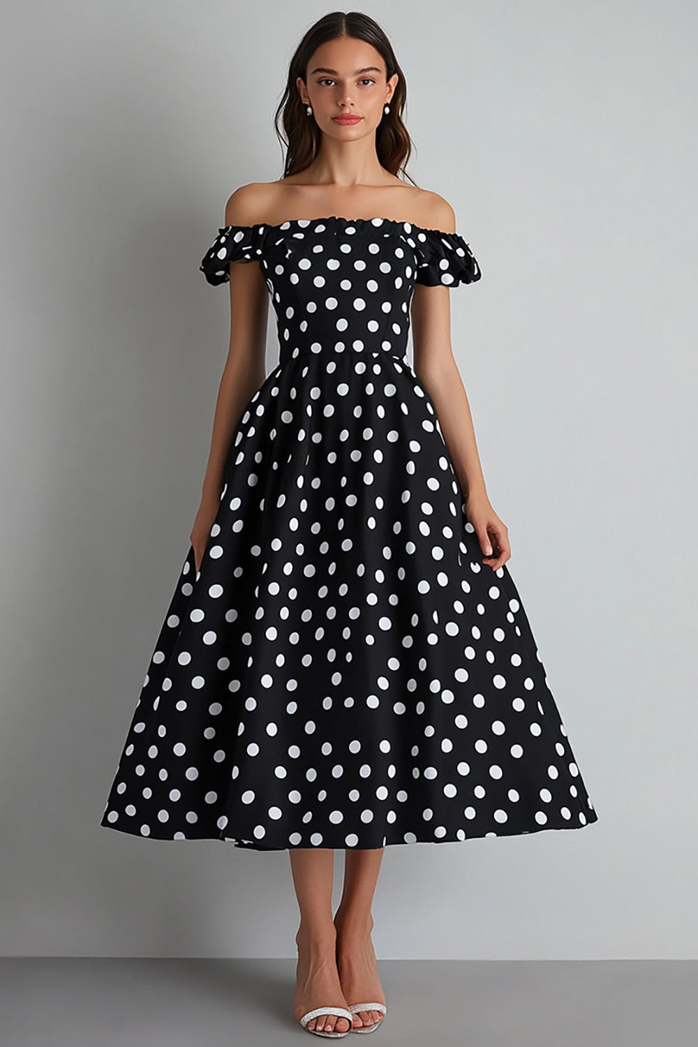 Off The Shoulder A Line Sort Hvid Polka Dots Kjole