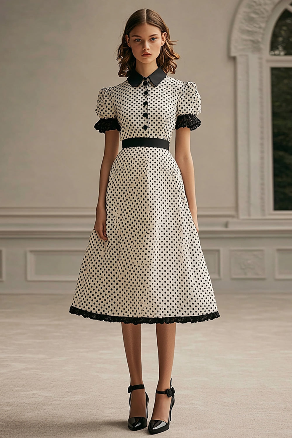 A Line revers hvid sort Polka Dots kjole med pufærmer