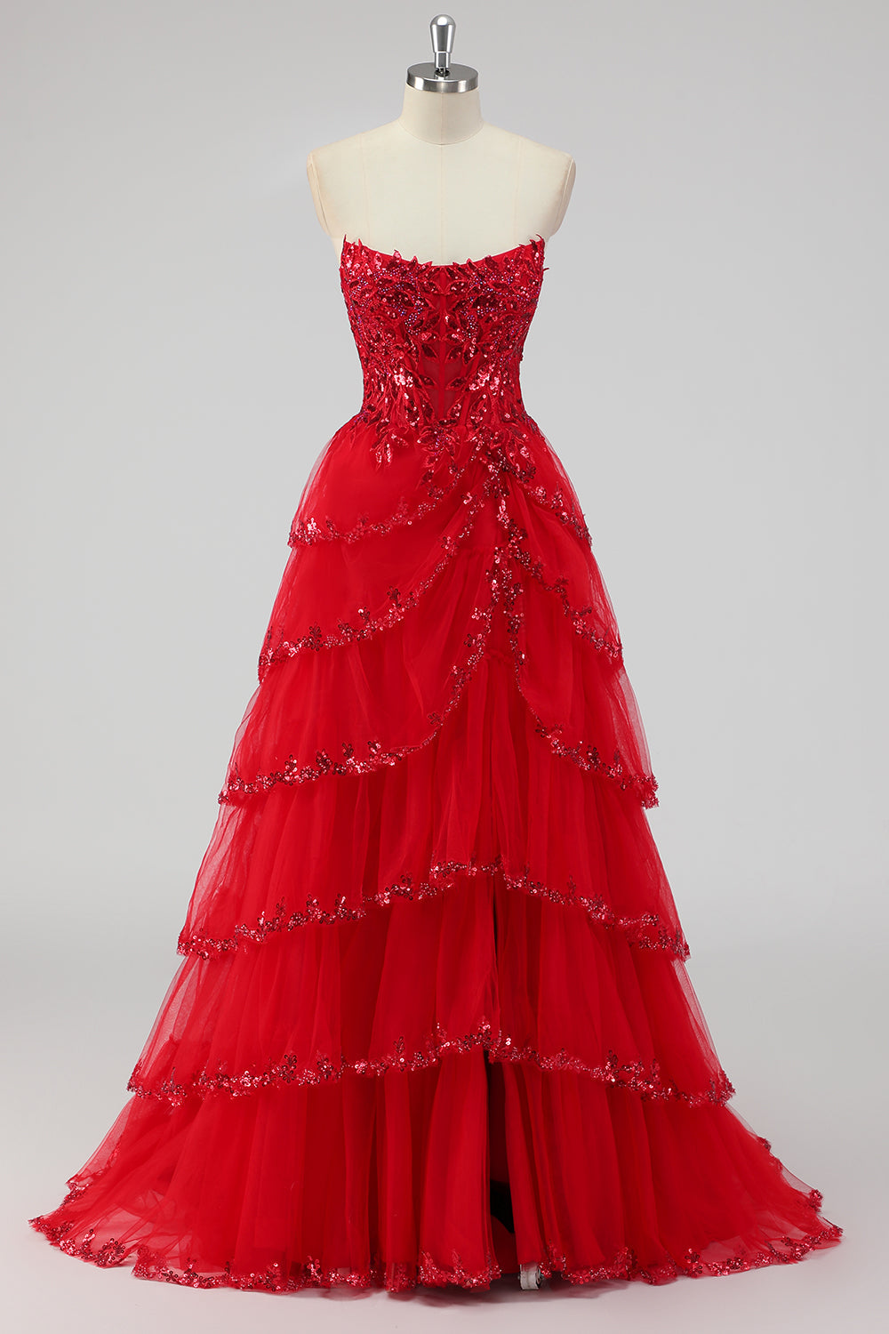 Glitrende mørkerød A-linje stropløse pailletter lagdelt korset gallakjole med slids