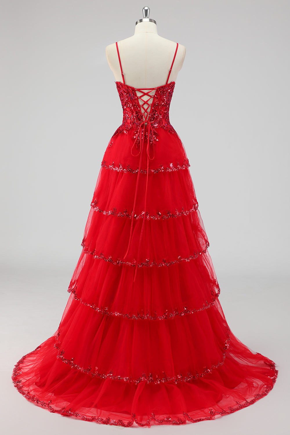 Glitrende mørkerød A-linje stropløse pailletter lagdelt korset gallakjole med slids