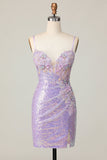 Glitrende Lilla Bodycon Korset Pailletter Homecoming Kjole med 3D Blomster