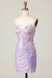 Glitrende Lilla Bodycon Korset Pailletter Homecoming Kjole med 3D Blomster