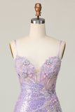Glitrende Lilla Bodycon Korset Pailletter Homecoming Kjole med 3D Blomster