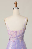 Glitrende Lilla Bodycon Korset Pailletter Homecoming Kjole med 3D Blomster