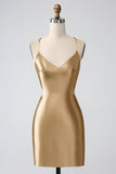 Gold Bodycon Spaghetti Stropper Satin Homecoing Kjole med Criss Cross Ryg