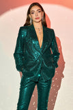 Glitrende grøn hak revers pailletter kvinder jakkesæt med bælte