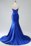Royal Blue Mermaid Strapless Long Corset Prom Dress med slids
