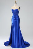 Royal Blue Mermaid Strapless Long Corset Prom Dress med slids