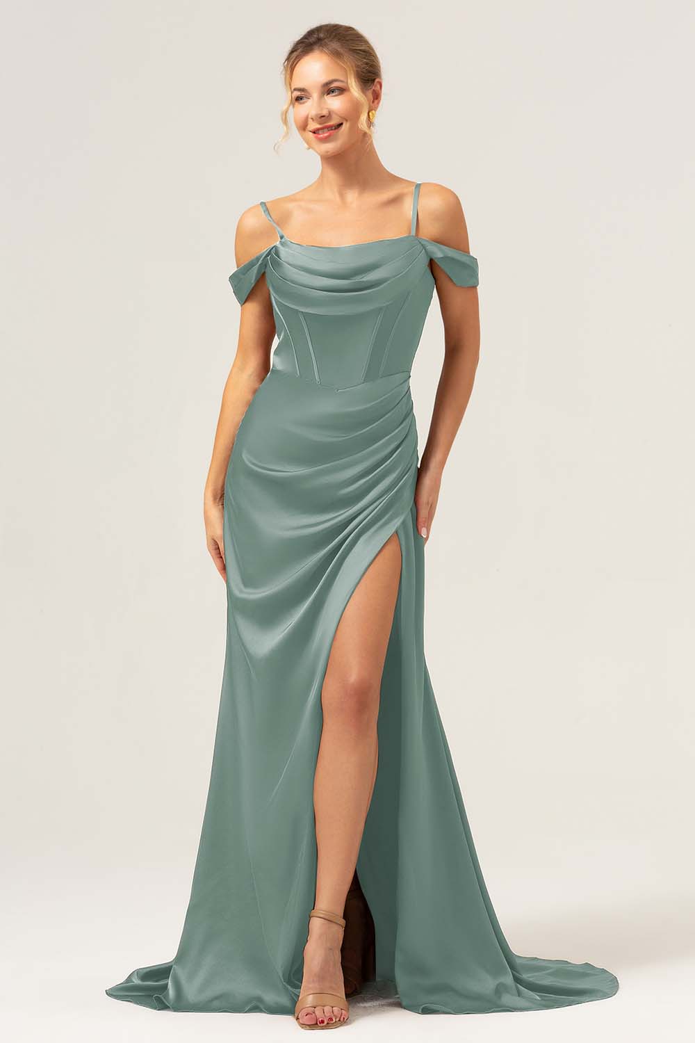 Kaffe Havfrue Kold skulder Ruched Korset Lang brudepigekjole med slids