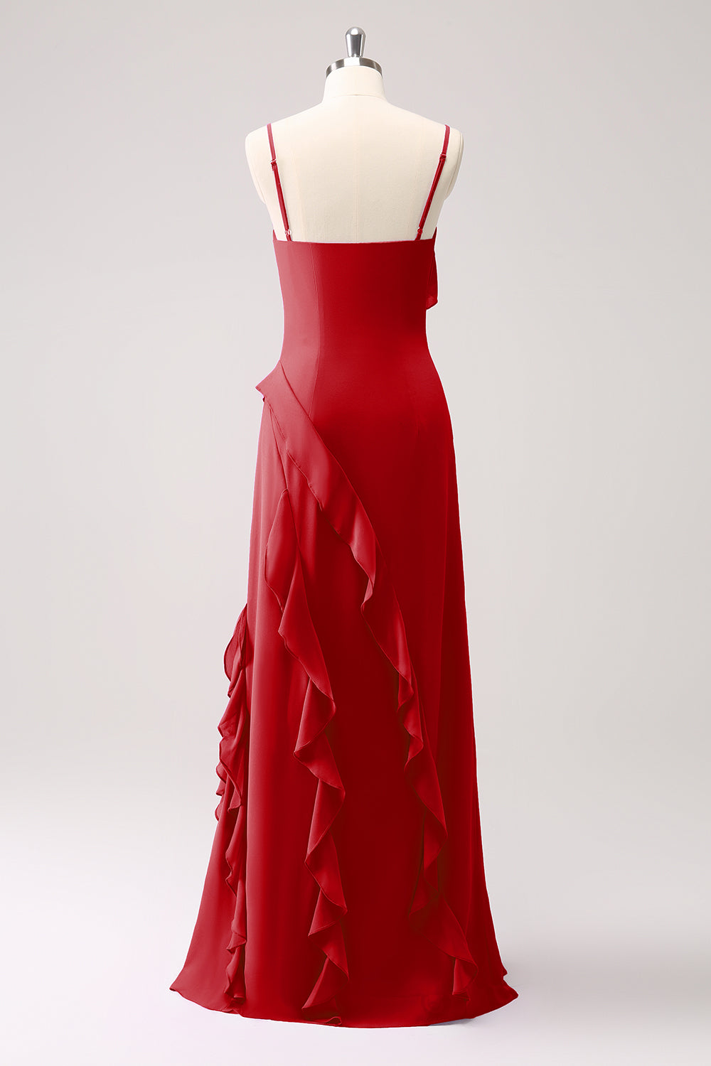 Tahiti flæse spaghetti stropper chiffon lang brudepige kjole med slids