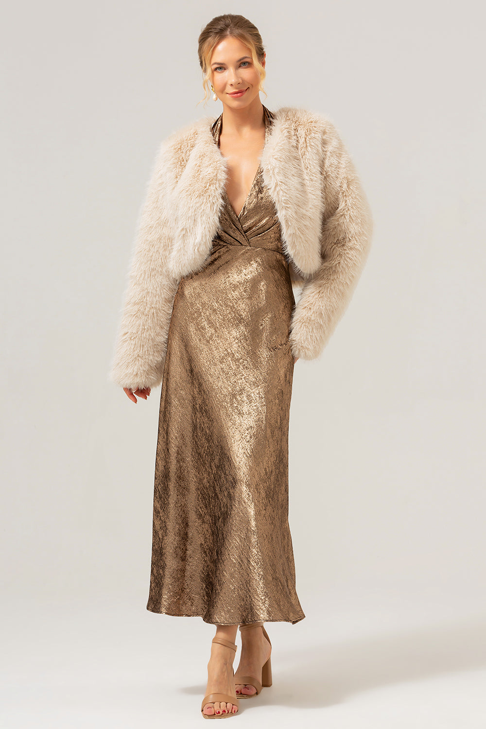 Åben Front Abrikos Shearling Imiteret Pels Beskåret Frakke