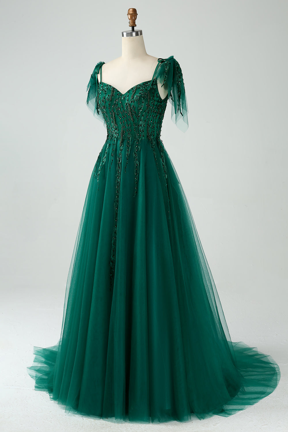 Mørkegrøn A-Line Spaghetti Straps Tulle Lang Prom Kjole med perler