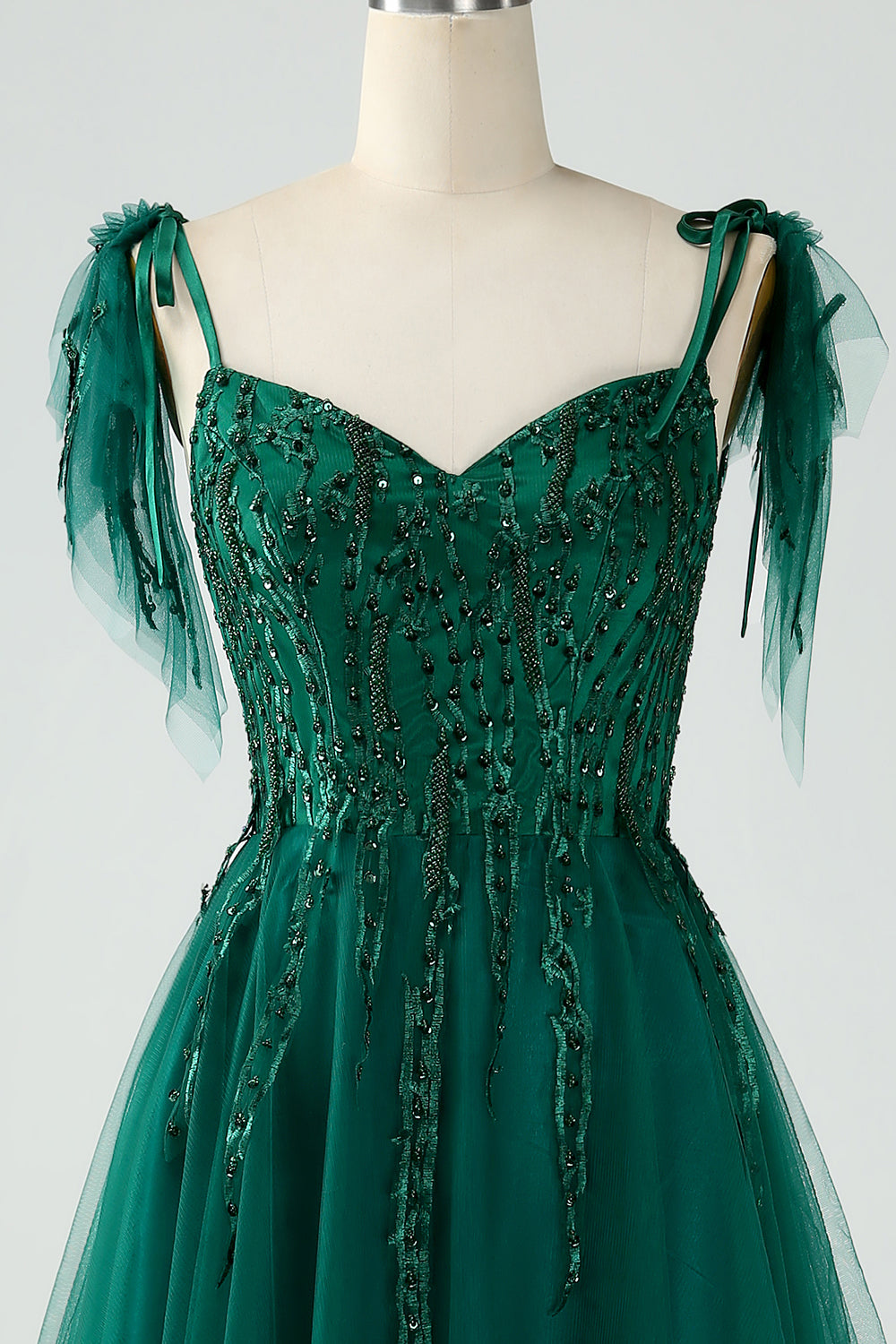 Mørkegrøn A-Line Spaghetti Straps Tulle Lang Prom Kjole med perler